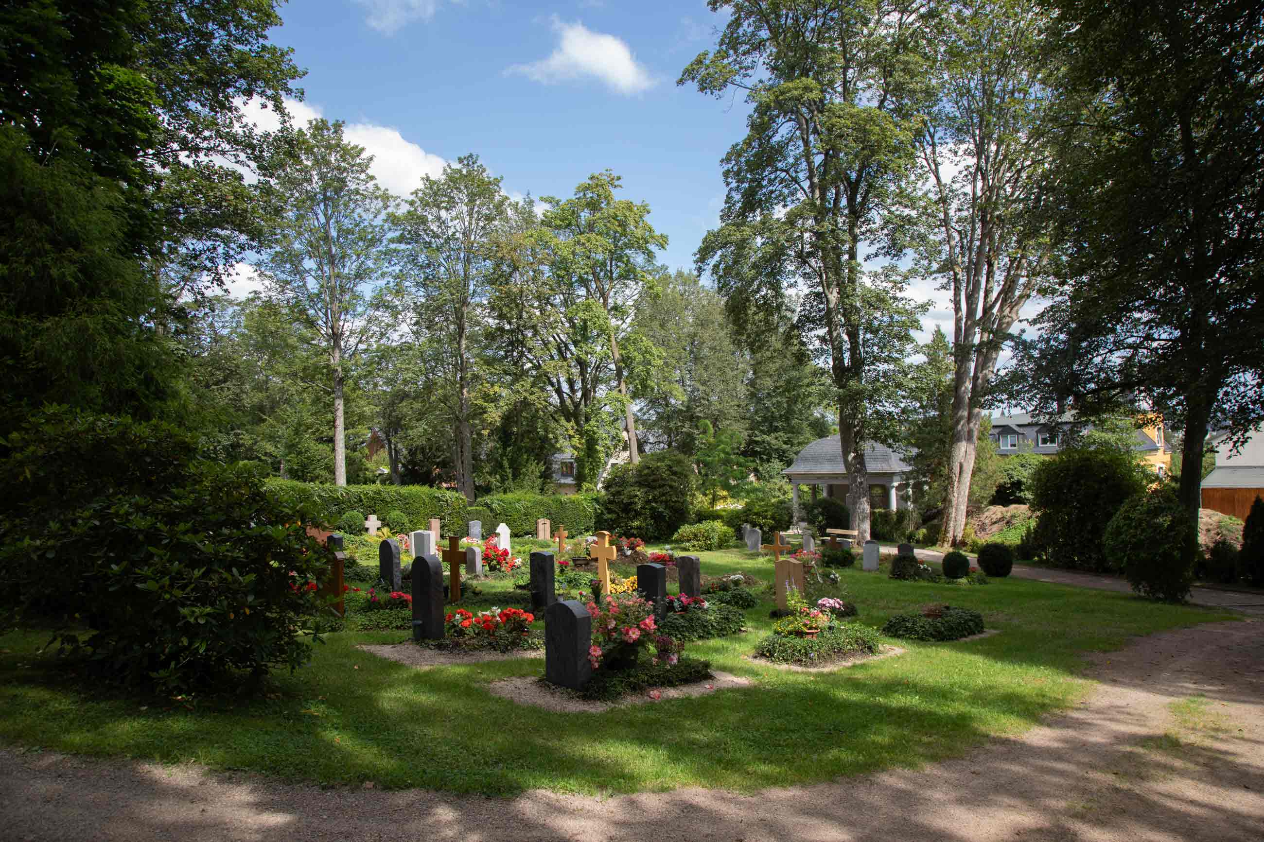 Blühende Blumen vor Grabsteinen im Hintergrund Bäume