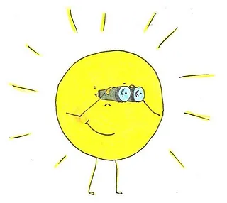 Eine lachende Sonne, die durch ein Fernglas schaut